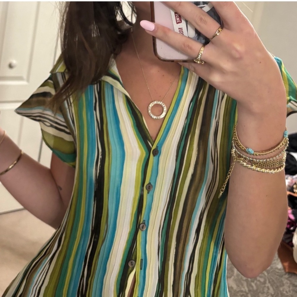 Allison Taylor Striped Button Down Womens M Teal Green Cap Sleeve Y2K Whimsigoth